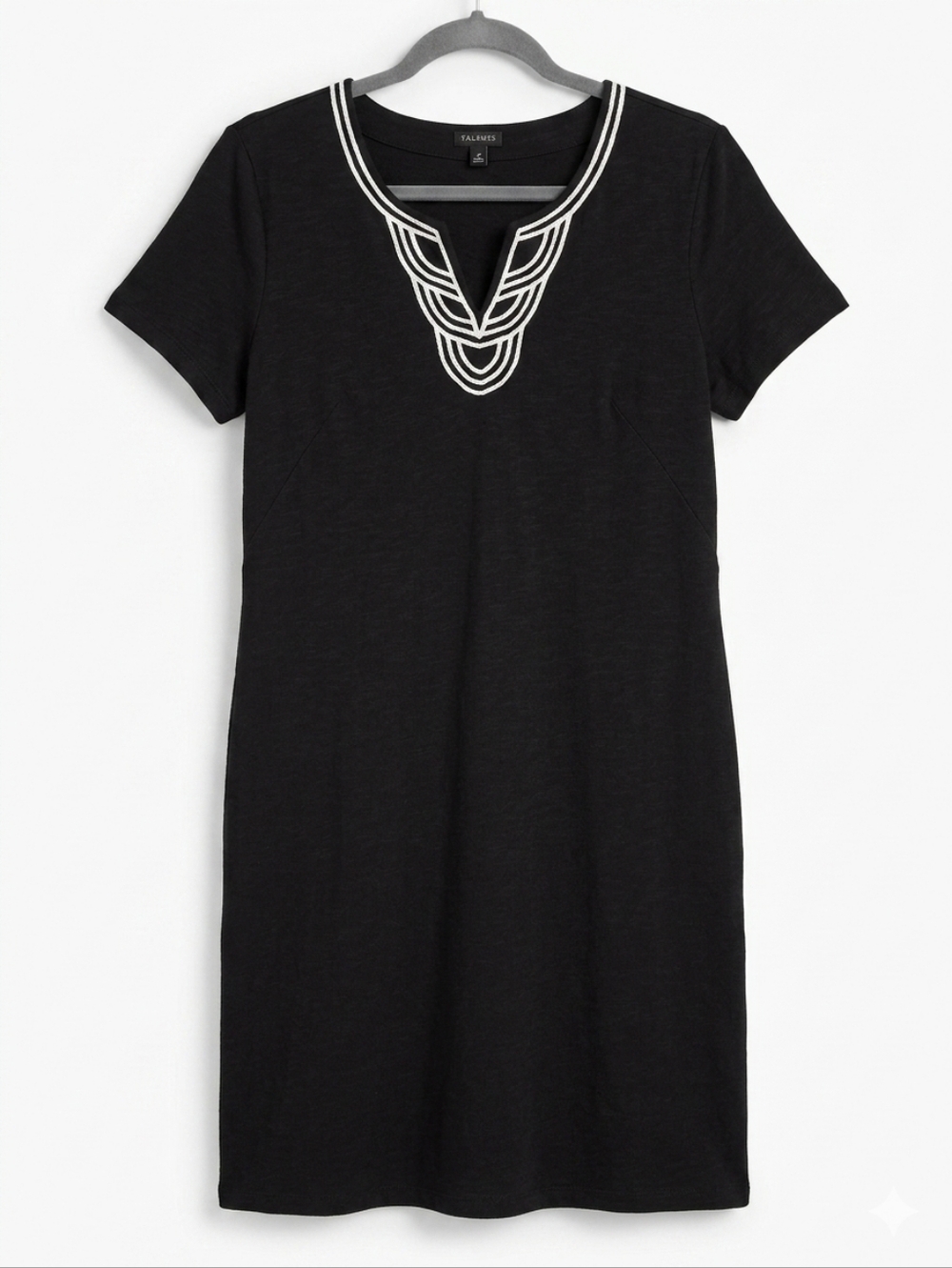 Talbots Black Cotton Embroidered Split V Neck Midi Dress